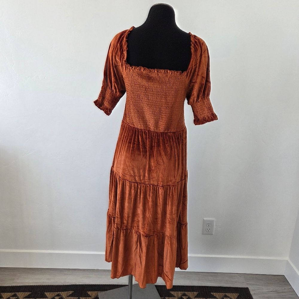 Burnt Orange Copper Velvet Maxi Dress Tiered Smocked Holiday Party Christmas M - Picture 6 of 12